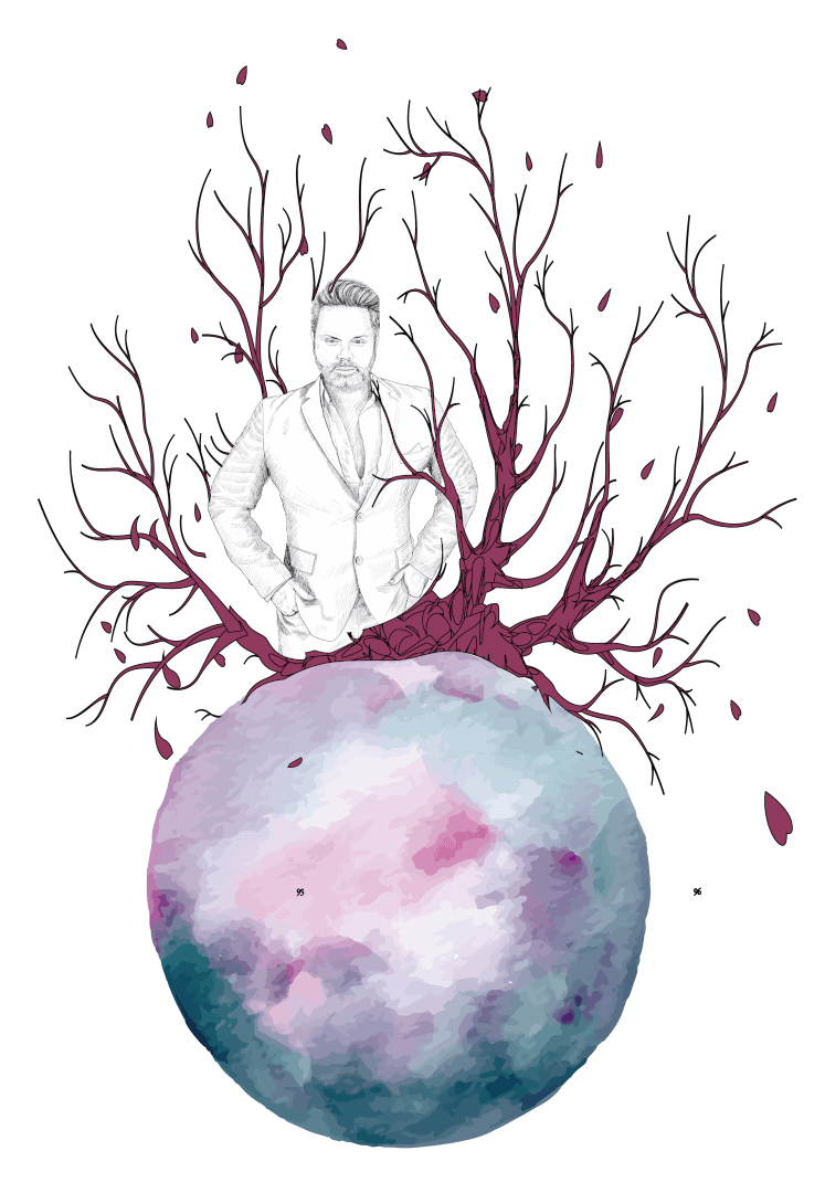 Ilustración de Miguel Sahid en blanco y negro, sobre un mundo y arbustos a sus alrededor de él