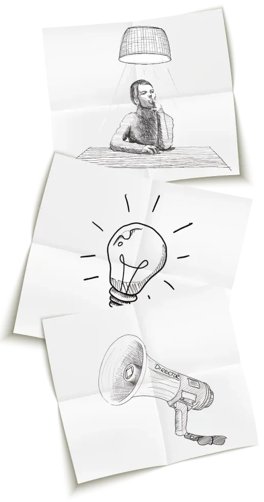 Tres tarjetas tipo post-it con dibujos en estilo boceto: la primera muestra a una mujer fumando y pensativa sentada bajo una lámpara colgante, la segunda una bombilla encendida que simboliza una idea, y la tercera un megáfono con la palabra "DIRECTOR", representando reflexión, inspiración y comunicación.